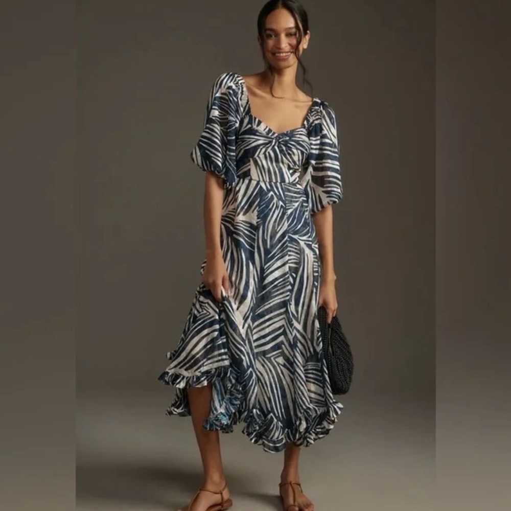 NWT Hutch Anthropologie large zebra print twist front puff sleeve midi dress